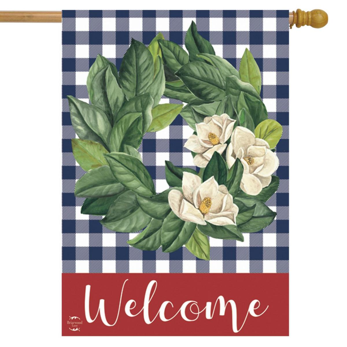 American Magnolia Wreath Patriotic Burlap House Flag | Seasons Everyday Seasons