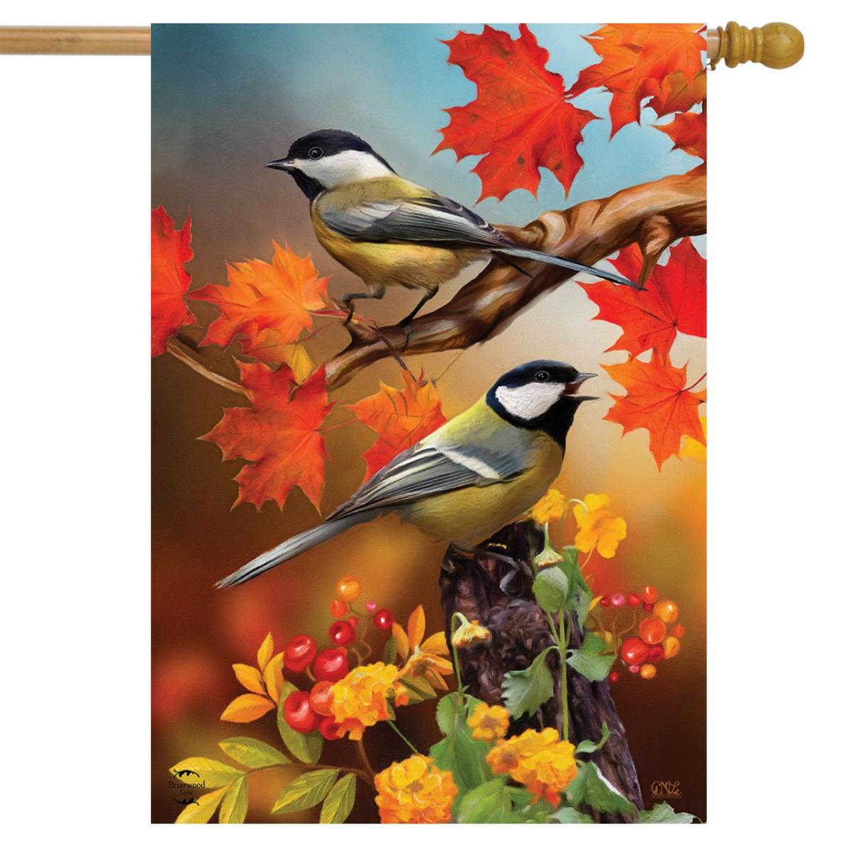 Autumn Chickadees House Flag | Themes Animals & Critters Seasons