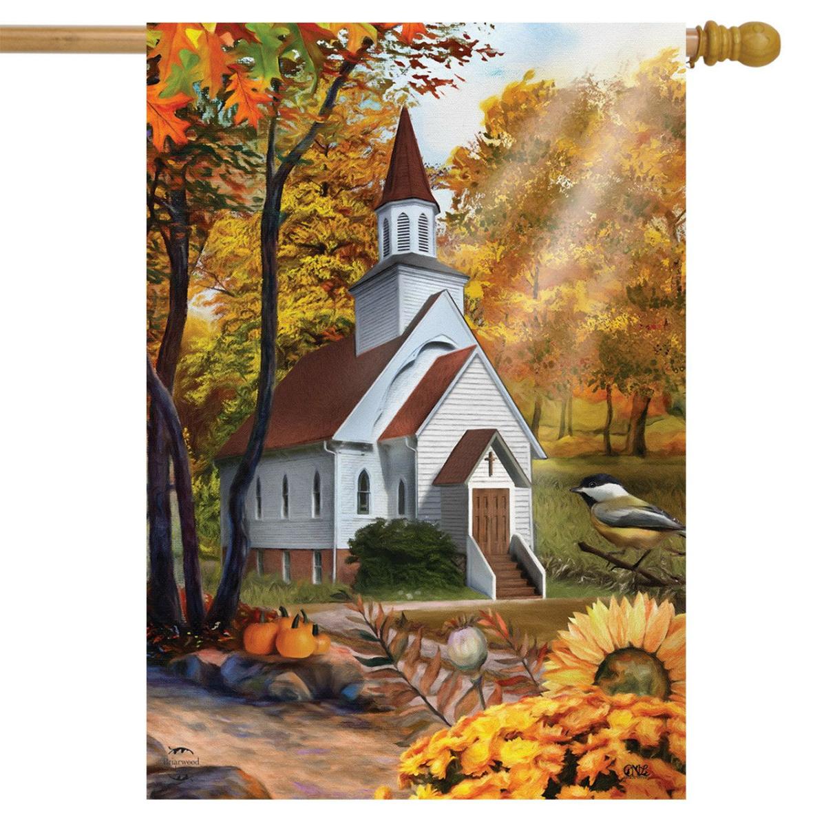 Autumn Church Sunset House Flag | Seasons Fall Seasons