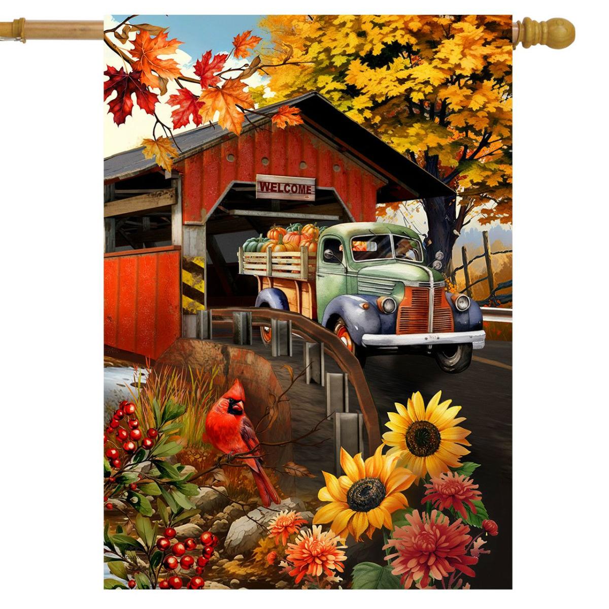 Autumn Covered Bridge House Flag | Seasons Fall Seasons