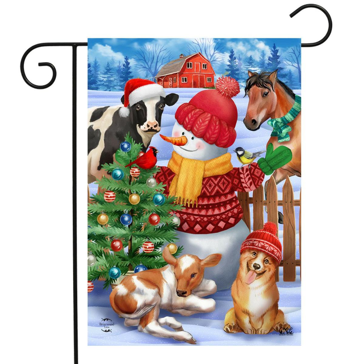 Barnyard Snowman Christmas Garden Flag | Themes Animals & Critters Holidays