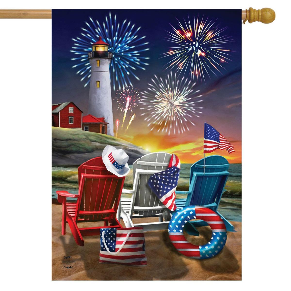 Beachfront Fireworks Fourth of July House Flag | Themes 4th of July Holidays