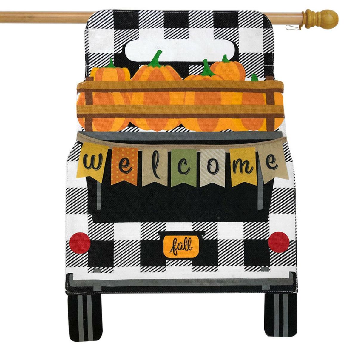 Black Checkered Truck Fall Burlap House Flag | Seasons Fall Seasons