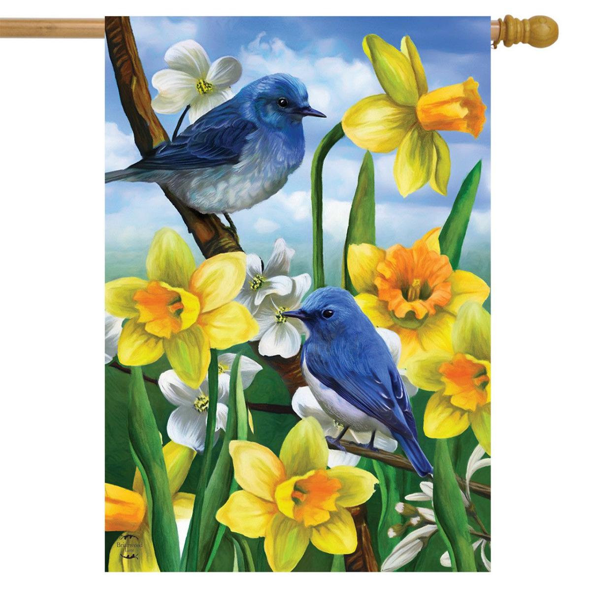 Bluebirds And Daffodils Spring House Flag | Seasons Everyday Seasons