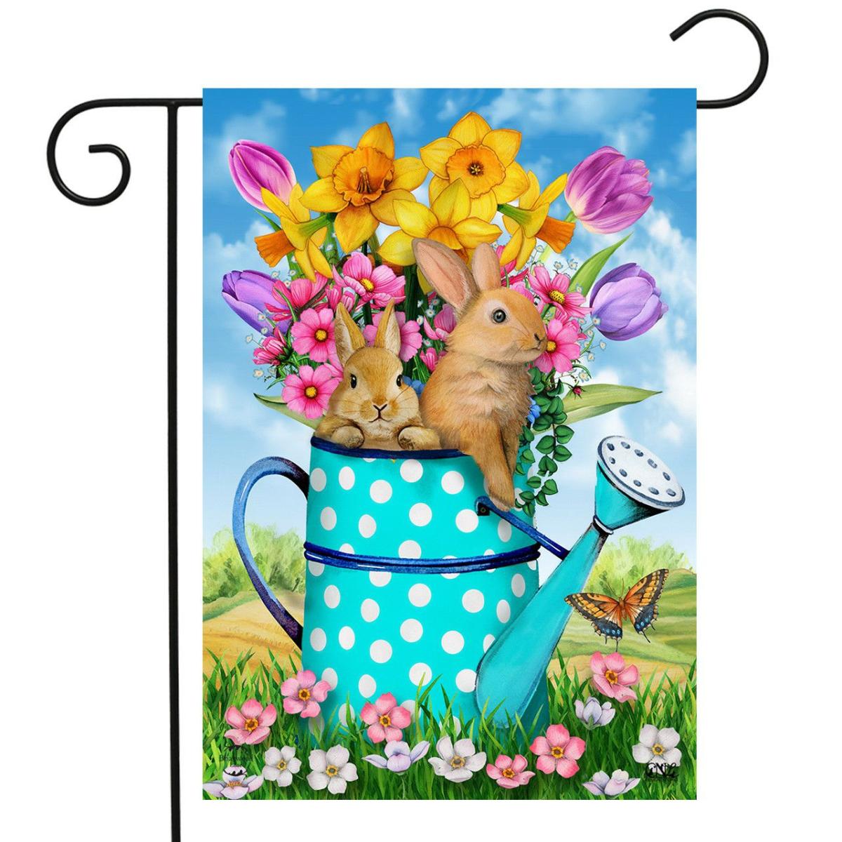 Bunny And Watering Can Spring Garden Flag | Seasons Animals & Critters Seasons