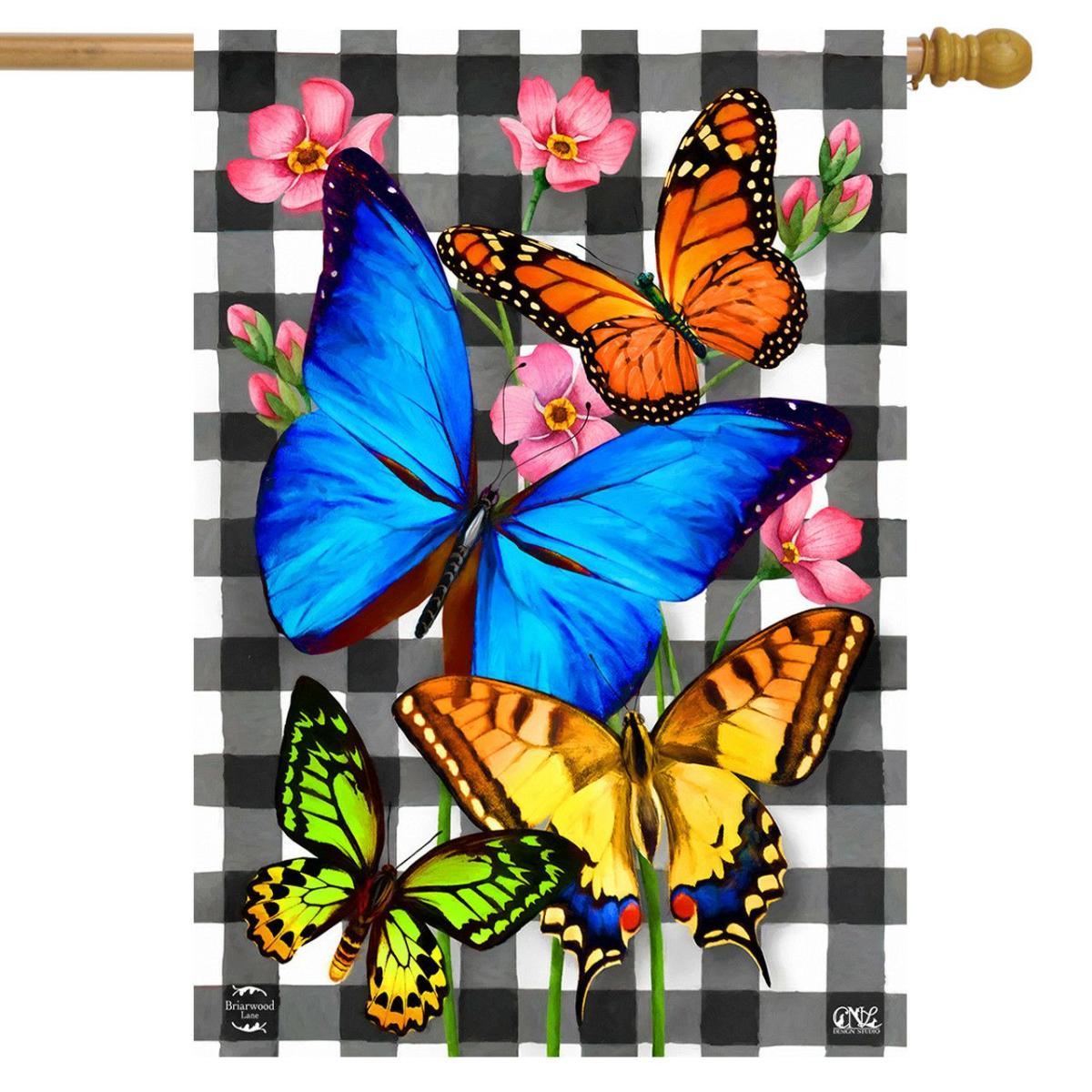 Checkered Butterflies Spring House Flag | Themes Animals & Critters Seasons