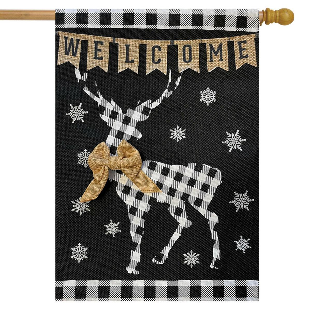 Checkered Deer Burlap Winter House Flag | Holidays Christmas Holidays