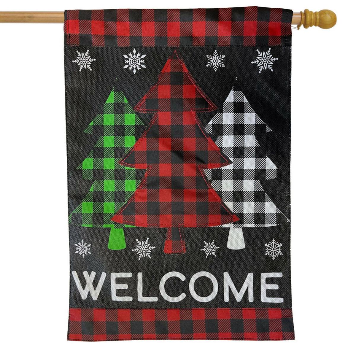 Checkered Trees Burlap Winter House Flag | Seasons Christmas Holidays