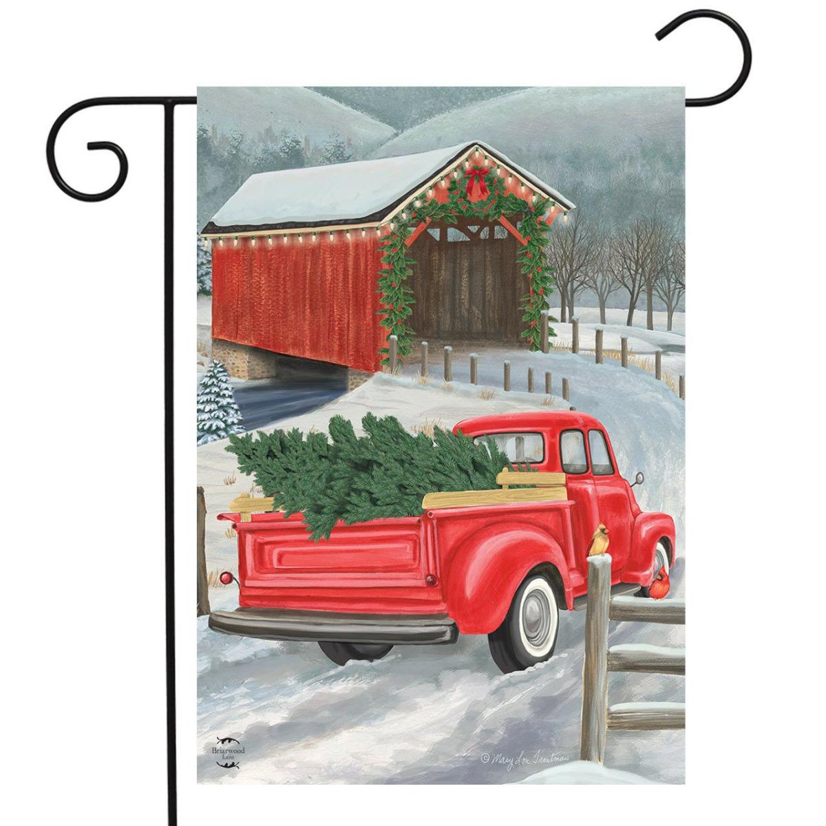 Festive Covered Bridge Christmas Garden Flag | Holidays Christmas Holidays