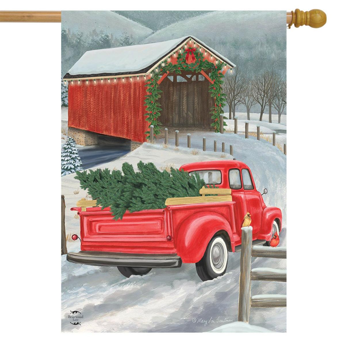 Festive Covered Bridge Christmas House Flag | Holidays Christmas Holidays