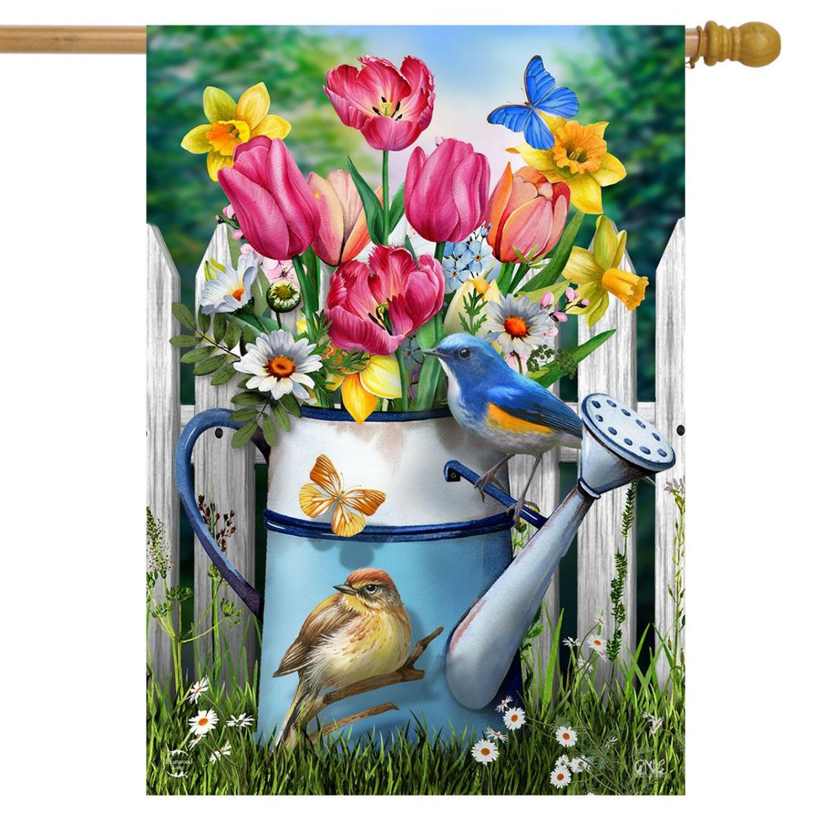 Floral Watering Can House Flag | Seasons Animals & Critters Seasons