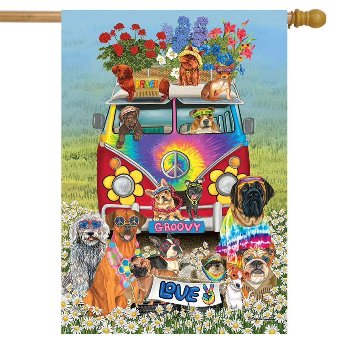 Groovy Pups Spring House Flag | Seasons Animals & Critters Seasons