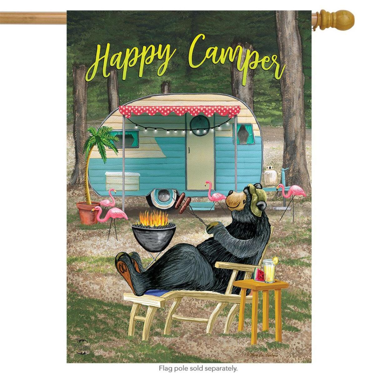 Happy Camper Bear Summer House Flag | Themes Animals & Critters Seasons