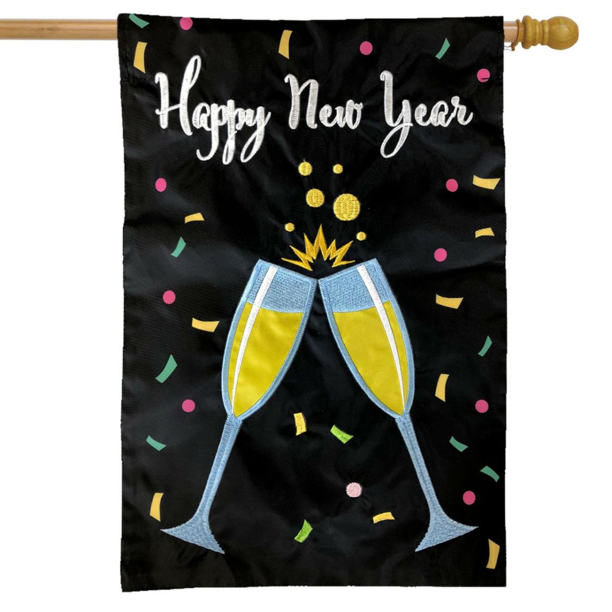 Happy New Year Champagne Applique House Flag | Themes Celebration Holidays