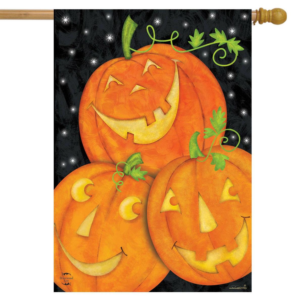 Happy Pumpkin Trio Halloween House Flag | Holidays Halloween Holidays