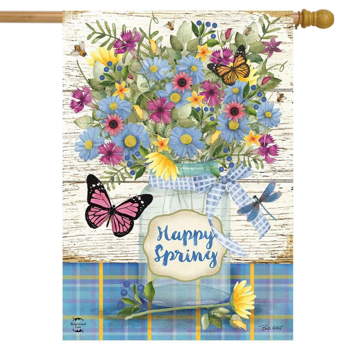 Happy Spring Floral Jar House Flag | Themes Animals & Critters Seasons