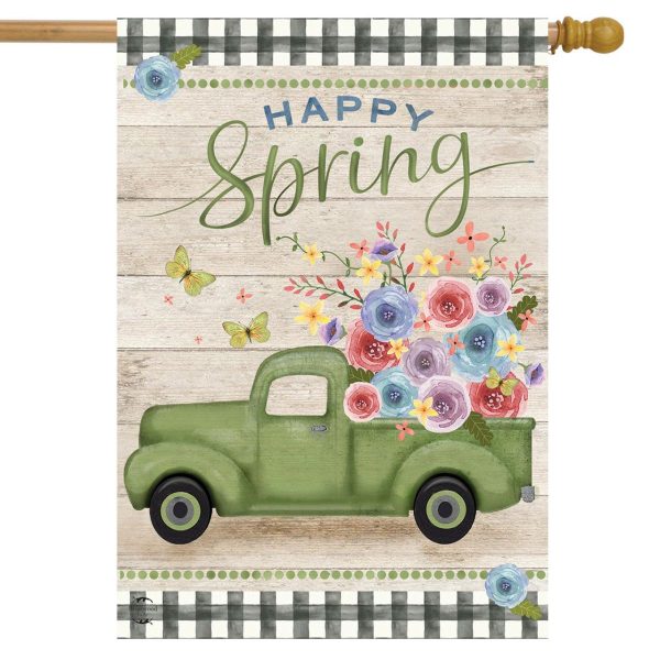 Happy Spring Pickup Truck Floral House Flag | Seasons Farmhouse Seasons