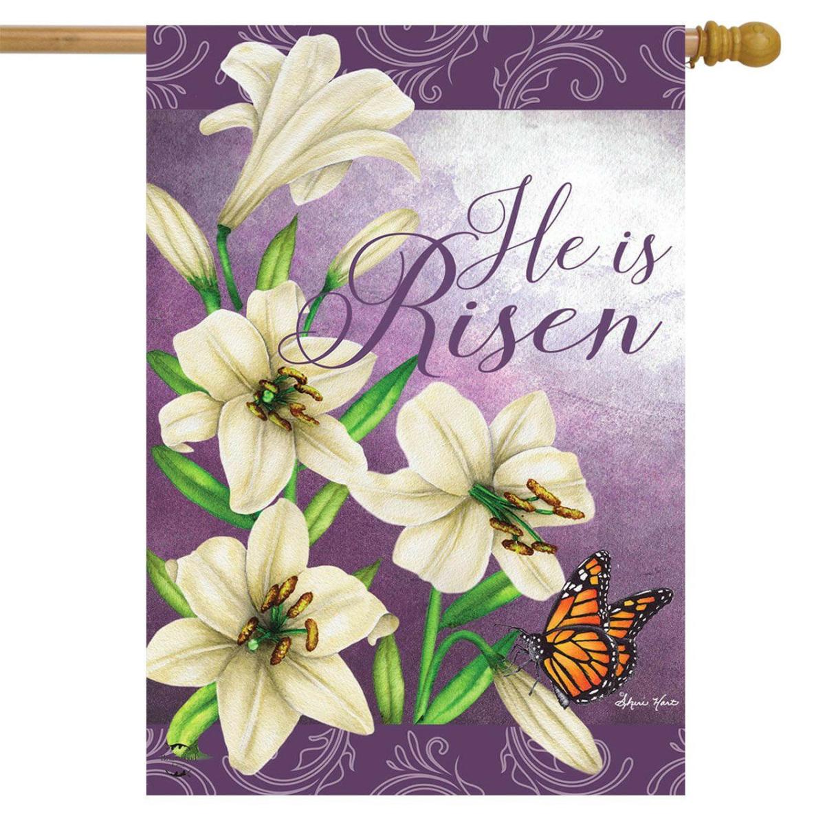 He Is Risen Lilies Easter House Flag | Themes Easter Holidays