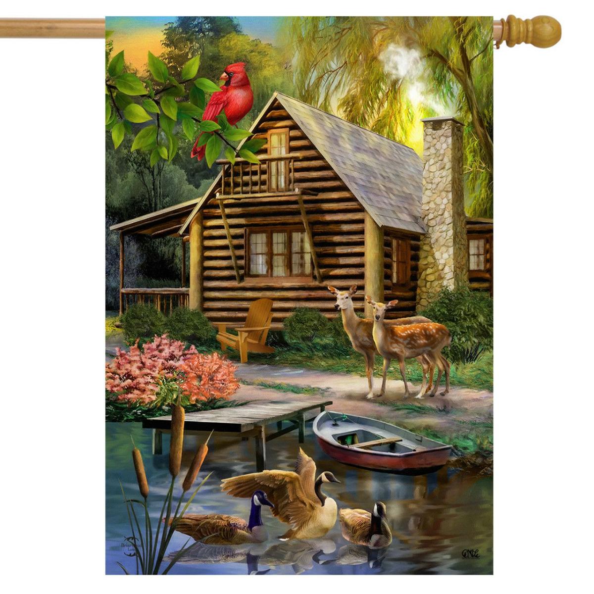 Lakeside Cabin House Flag | Seasons Animals & Critters Seasons