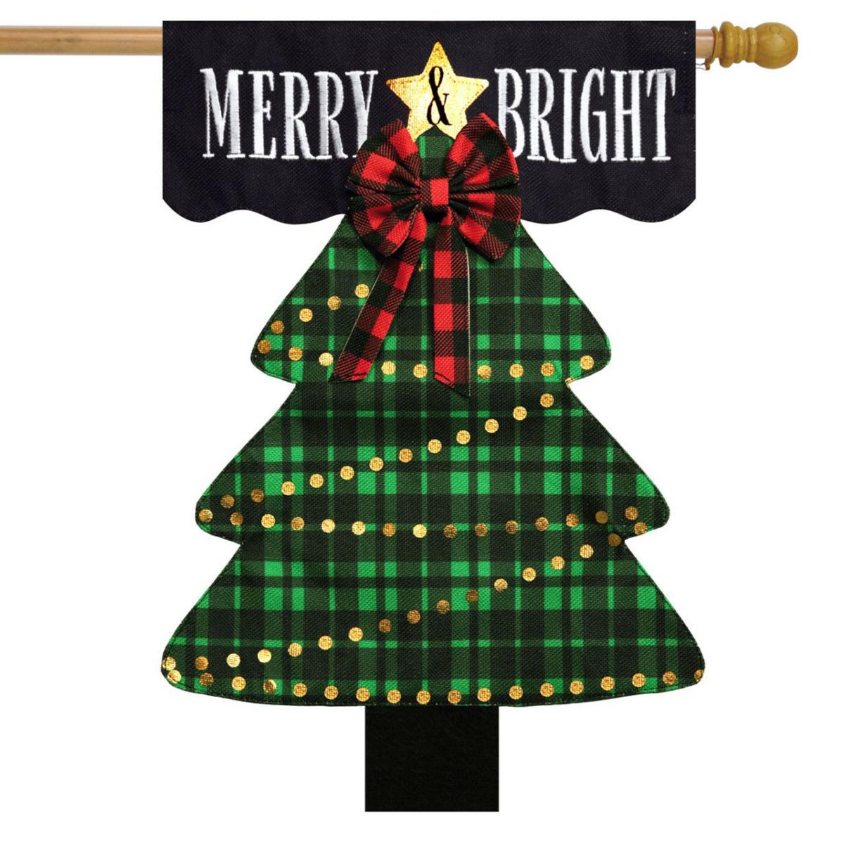 Merry and Bright Tree Burlap House Flag | Holidays Christmas Holidays