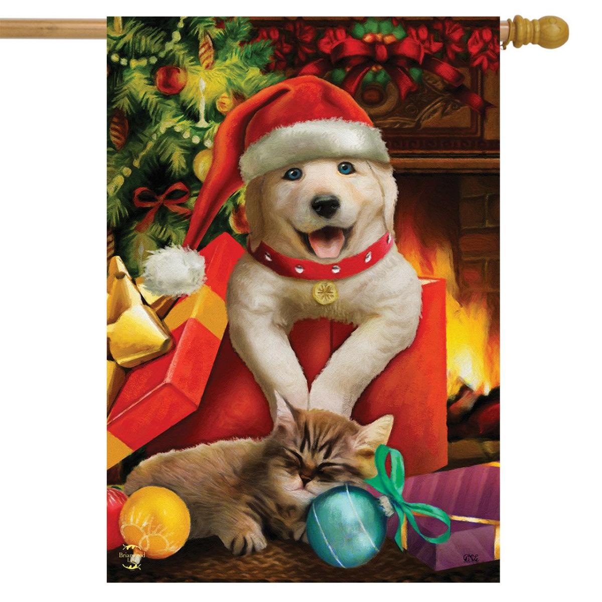 Merry Christmas Puppy House Flag | Themes Animals & Critters Holidays