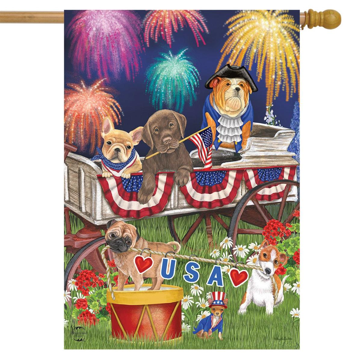 Patriotic Pups Fourth of July House Flag | Seasons 4th of July Holidays