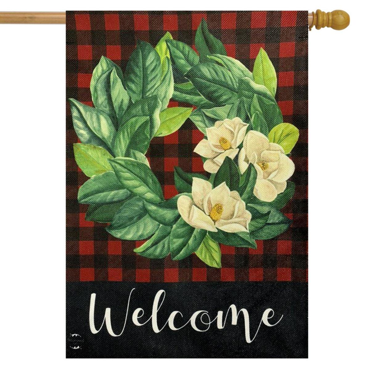 Red Magnolia Wreath Burlap Winter House Flag | Seasons Floral Seasons