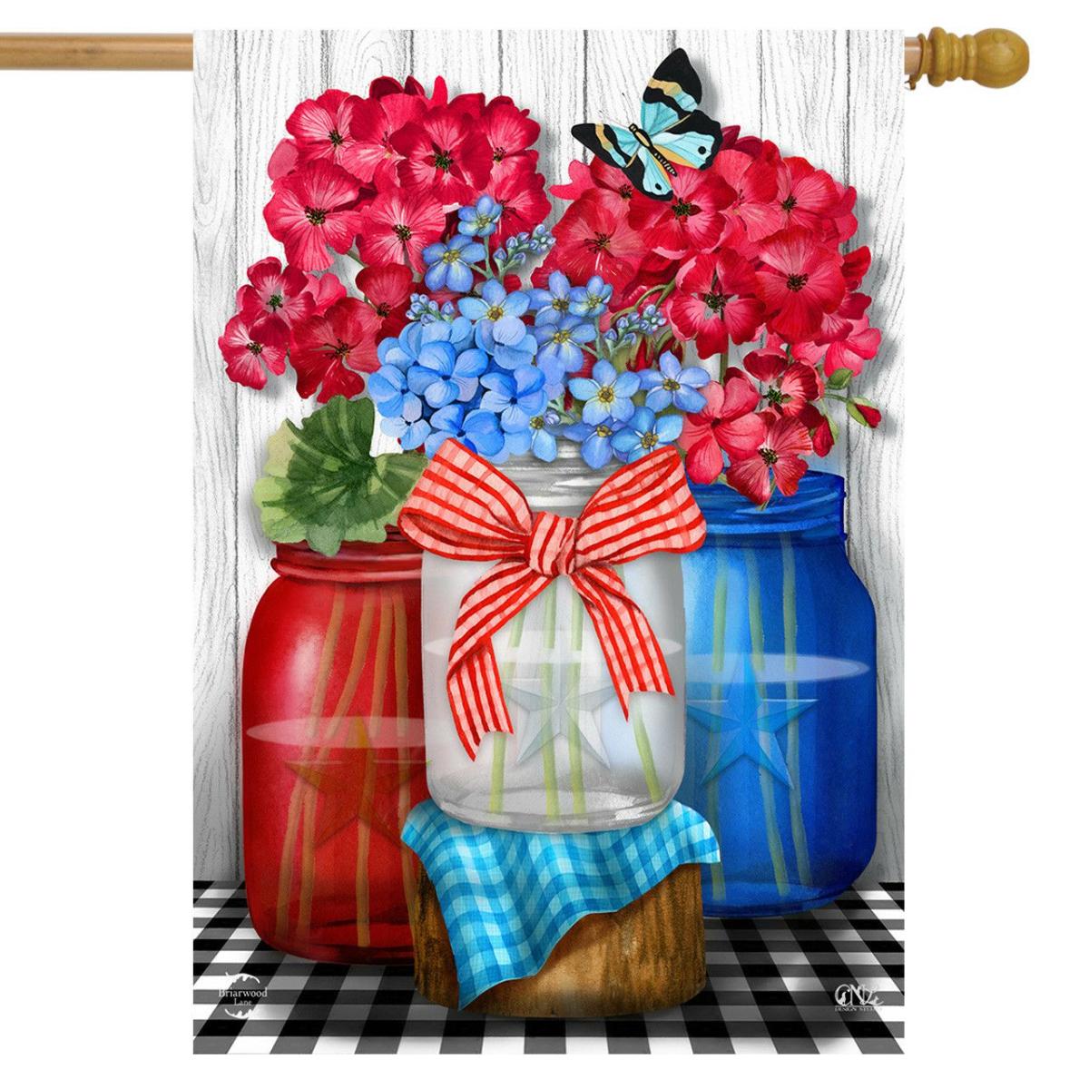 Red White And Blue Jars Floral House Flag | Holidays 4th of July Holidays