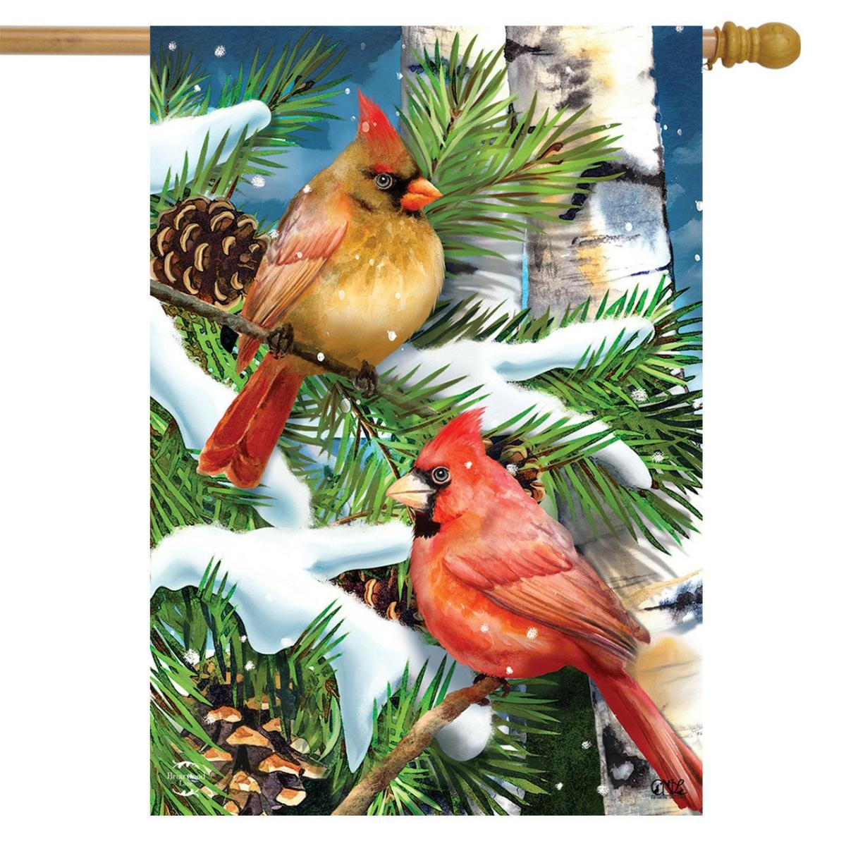 Snowy Cardinals Seasonal House Flag | Seasons Animals & Critters Seasons