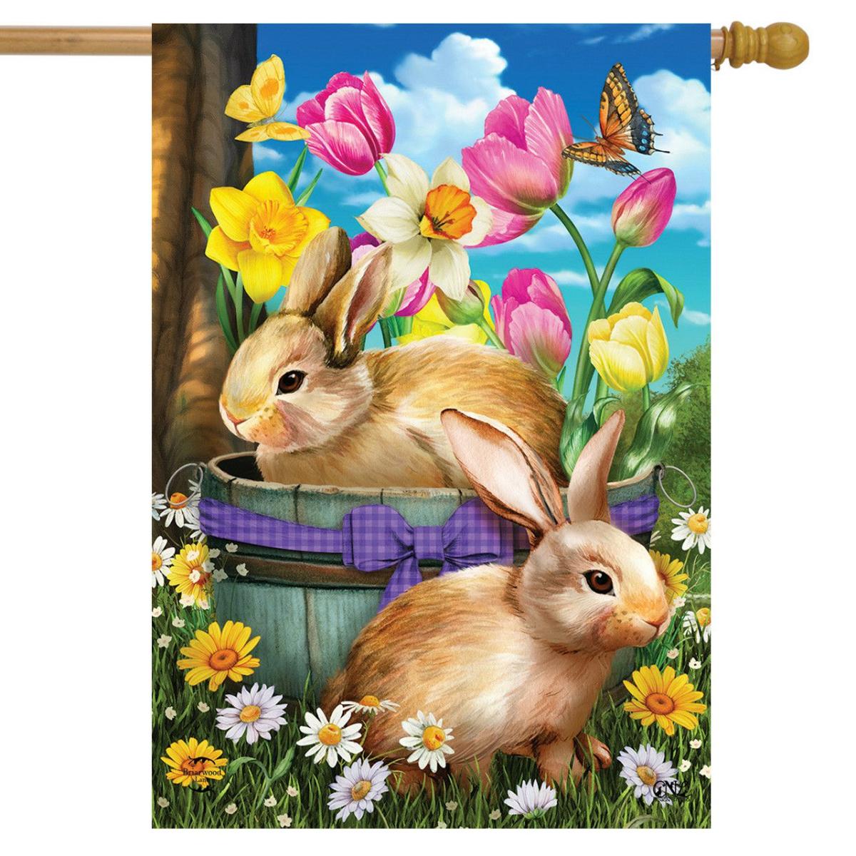 Spring Bunny Basket Floral House Flag | Themes Animals & Critters Seasons