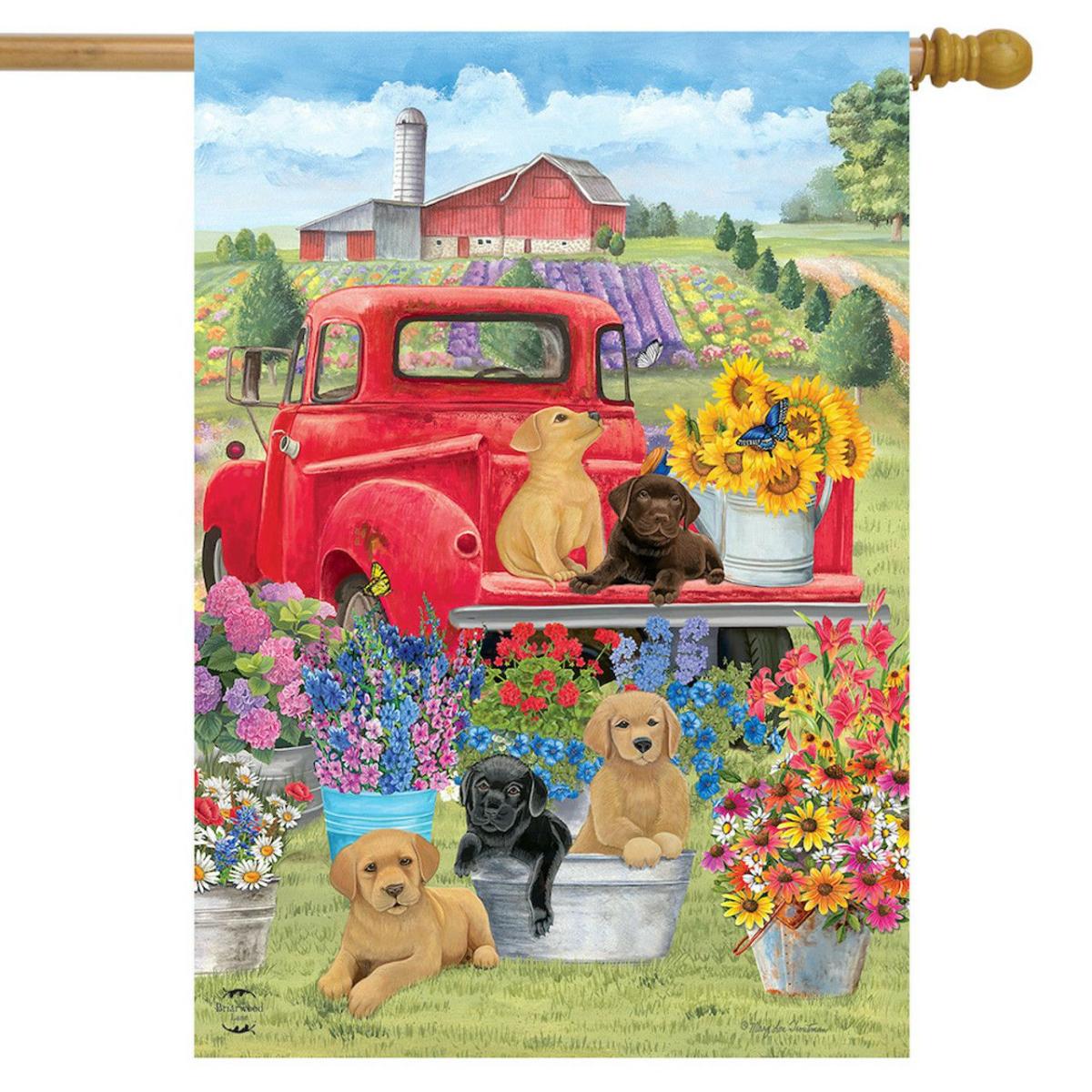 Spring Day Puppies House Flag | Themes Animals & Critters Seasons