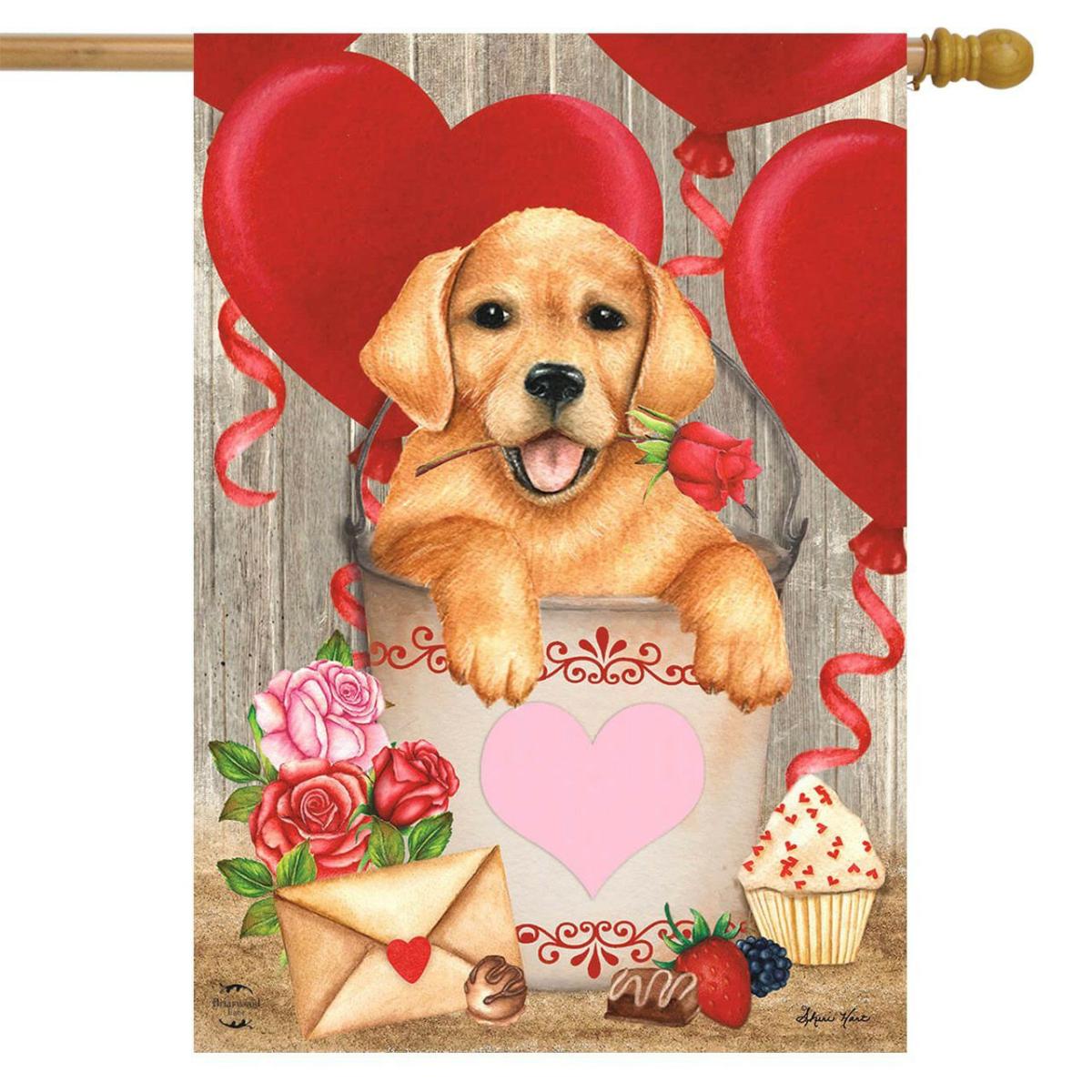 Valentine’s Puppy Holiday House Flag | Themes Animals & Critters Holidays