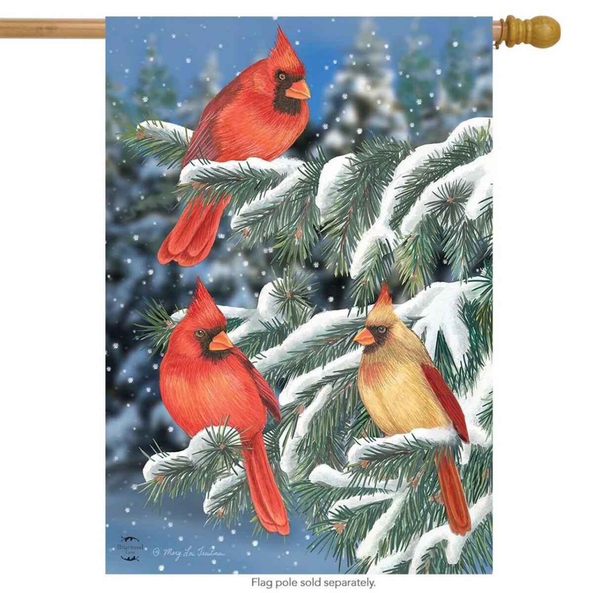 Winter Cardinal Trio House Flag | Themes Animals & Critters Seasons