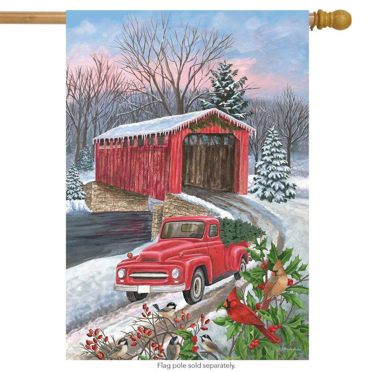 Winter Covered Bridge Seasonal House Flag | Seasons Christmas Holidays