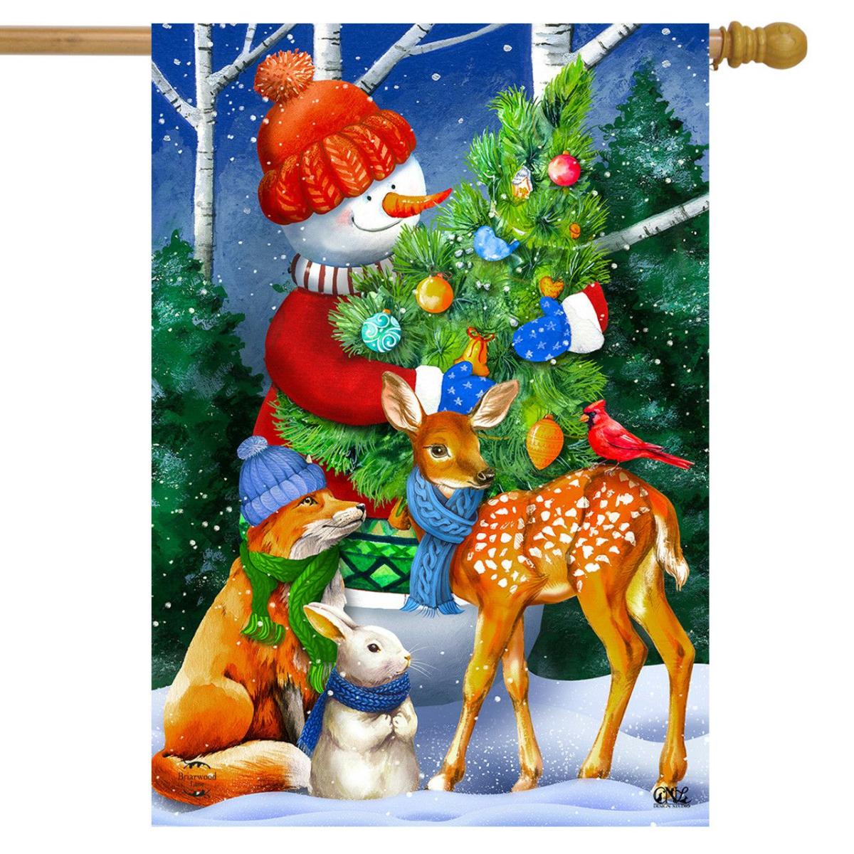 Woodland Snowman Christmas House Flag | Themes Animals & Critters Holidays