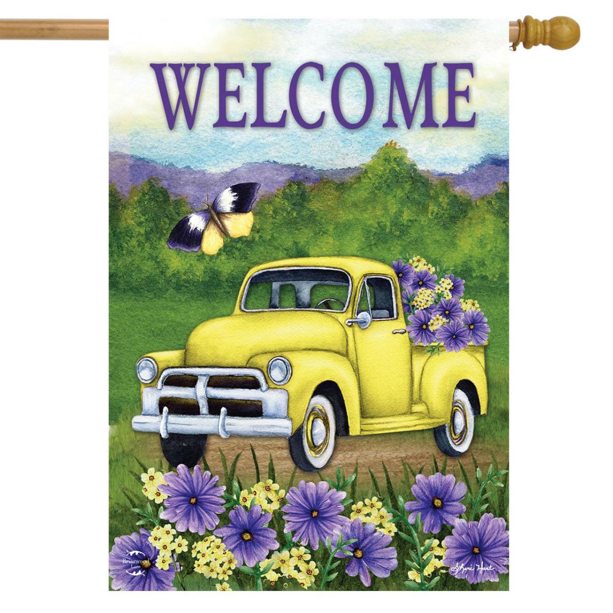 Yellow Pickup Truck House Flag | Seasons Farmhouse Seasons