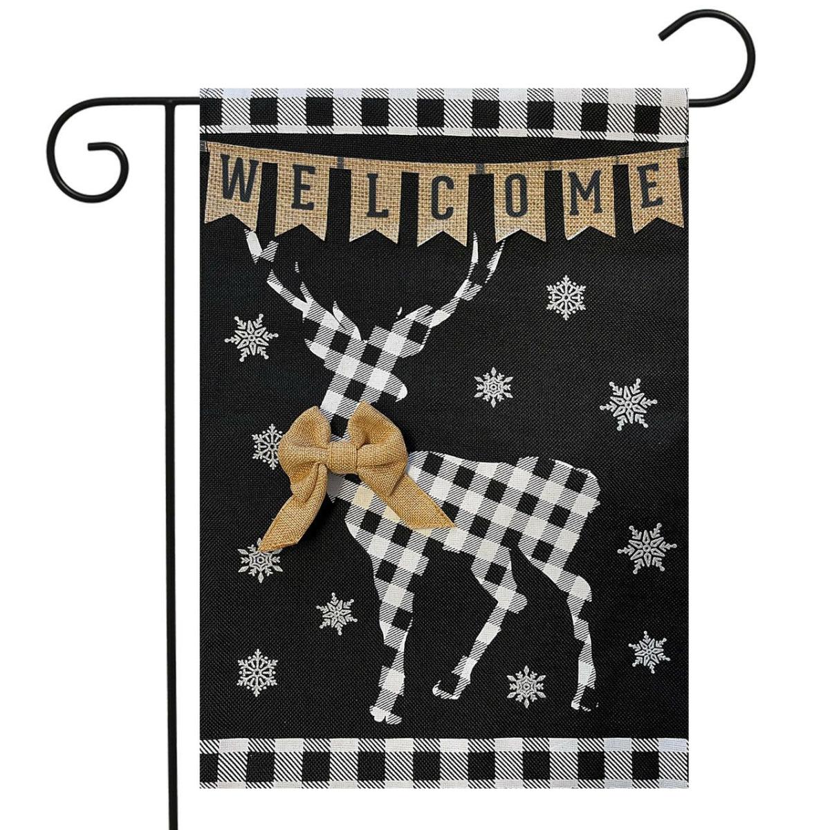 Checkered Deer Burlap Winter Garden Flag | Holidays Christmas Holidays