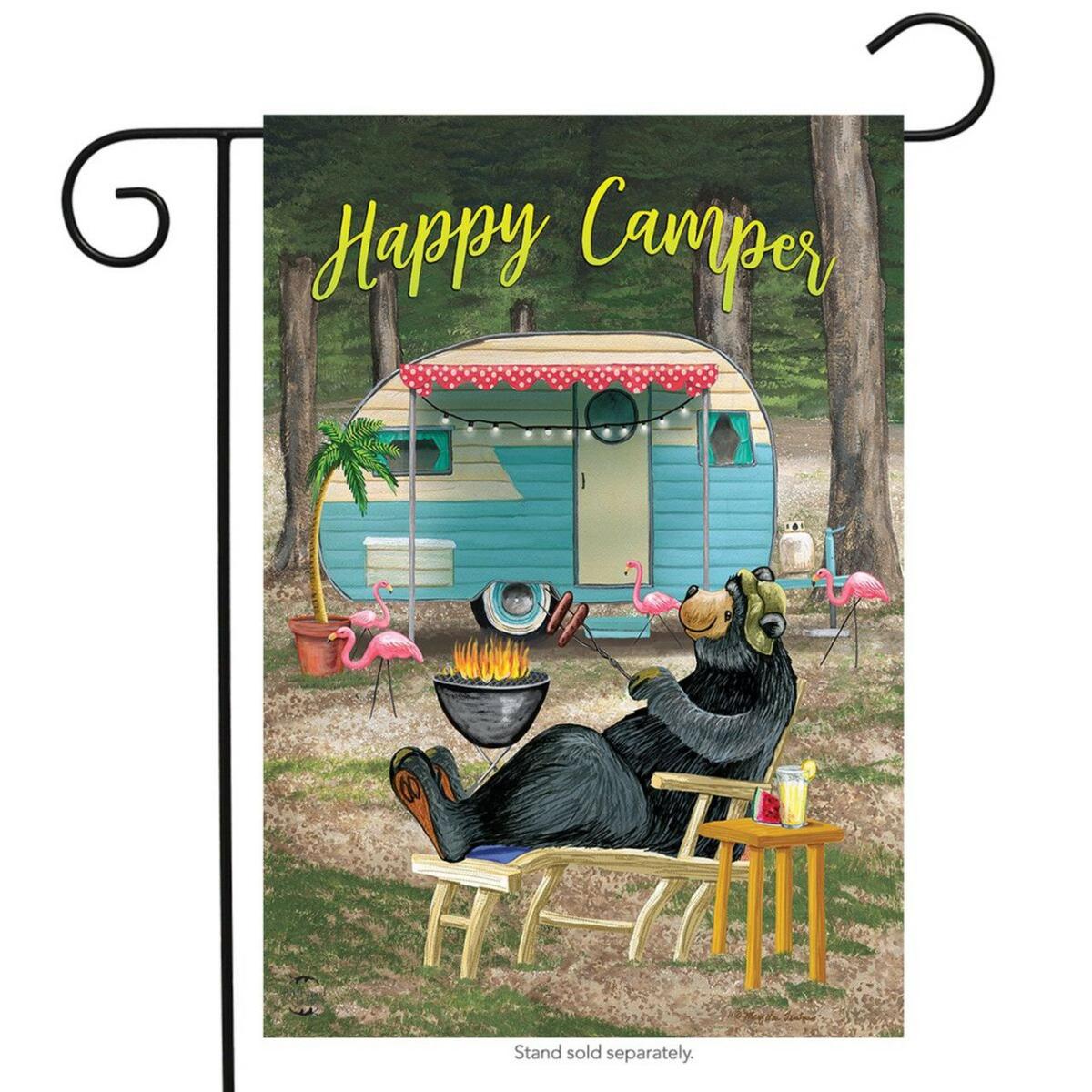 Happy Camper Bear Summer Garden Flag | Themes Animals & Critters Seasons